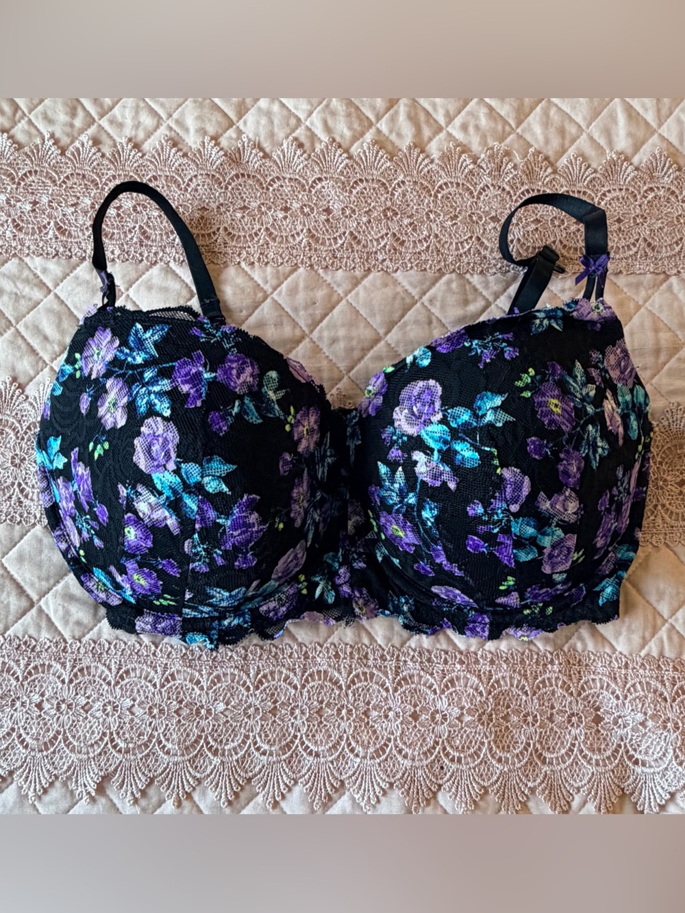Candies 38dd Floral Lace Underwire Bra - Black with Purple Floral